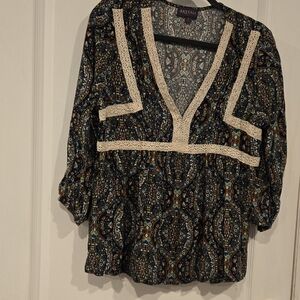 Women's Boho Print Blouse - Black and Cream